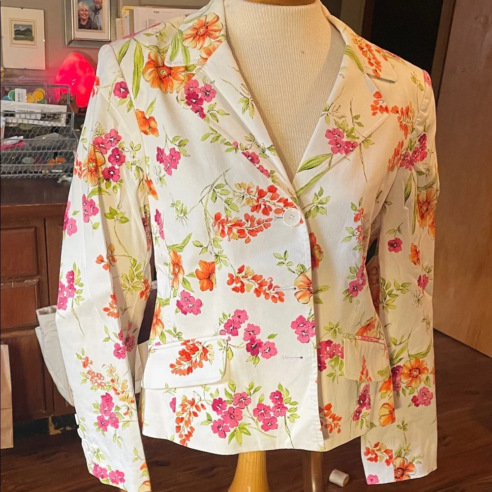 Talbots Cream Floral Notch-Lapel Blazer with Pink & Orange Blooms - Picture 1 of 5